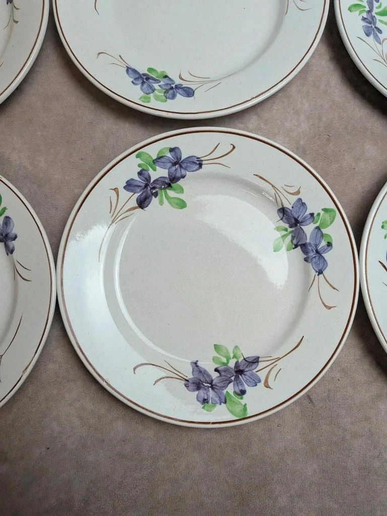 Lot de 9 pratos antigos de terra de fer – Opaque de Bordeaux – decoração floral pintada à mão – photo 8
